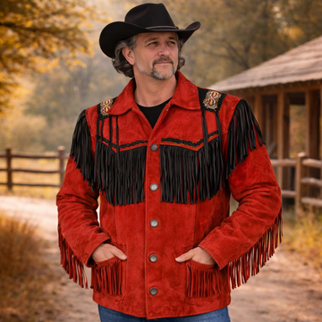 Men Western Cowboy Suede Fringe Jacket Beaded Native American Leather Jacket Opt