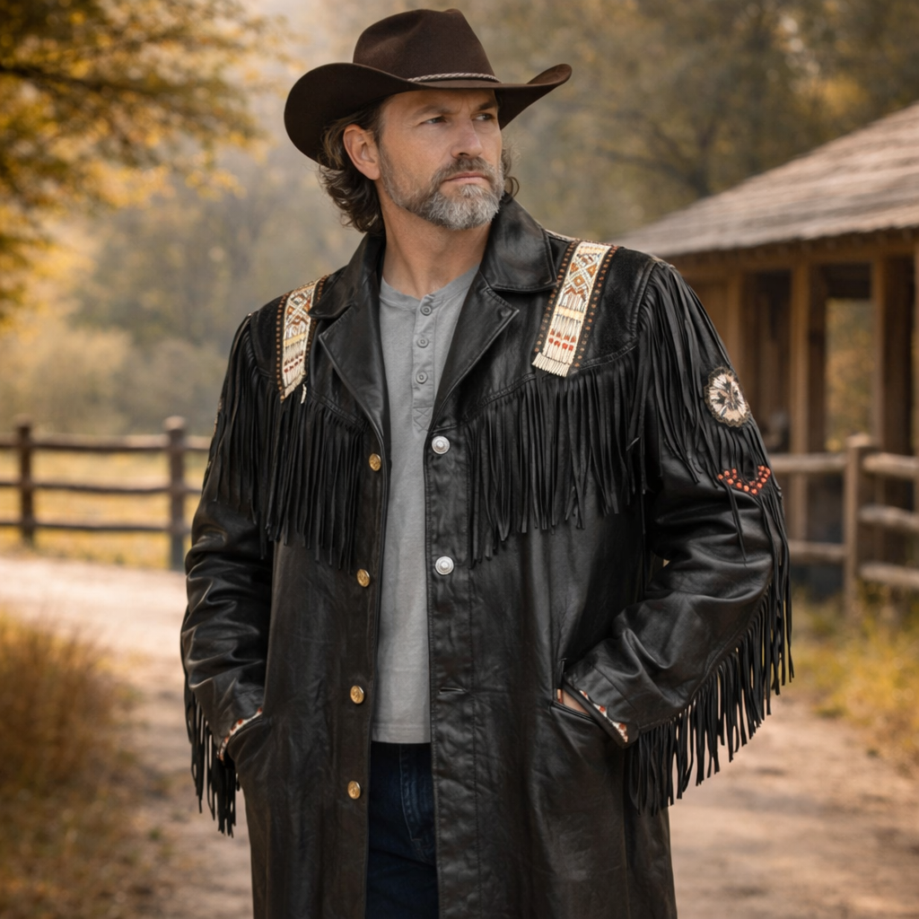 Men Black Real Leather Western Style Cowboy Coat Fringed & Beaded - Long Coat (Copy)