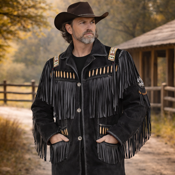 Men Western Cowboy Suede Fringe Jacket Beaded Native American Leather Jacket