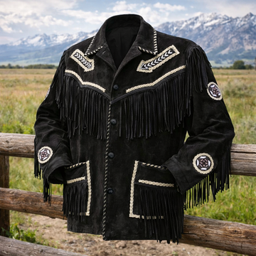 Men Western Cowboy Suede Fringe Jacket Beaded Native American Leather Jacket