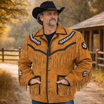 Men Western Cowboy Suede Fringe Jacket Native American Fringe Leather Jacket
