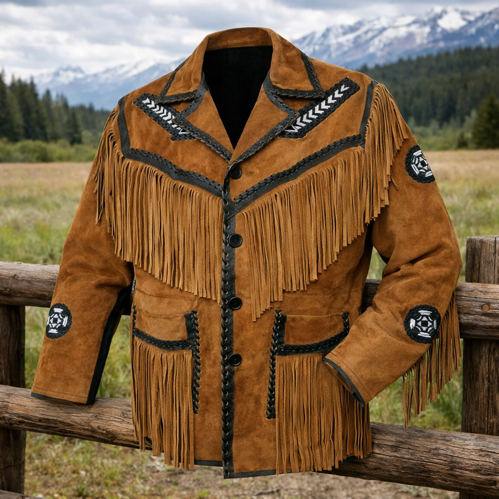 Men Western Cowboy Suede Fringe Jacket Beaded Native American Leather Jacket