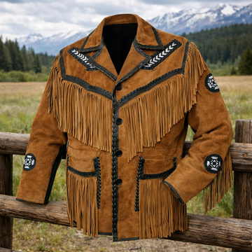 Men Western Cowboy Suede Fringe Jacket Beaded Native American Leather Jacket