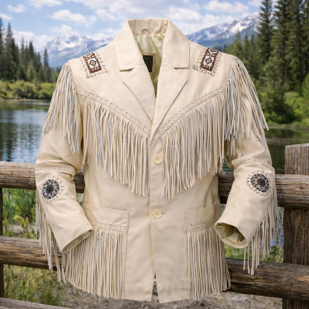 Men Western Cowboy Fringe Jacket Beaded Native American Real Leather Jacket