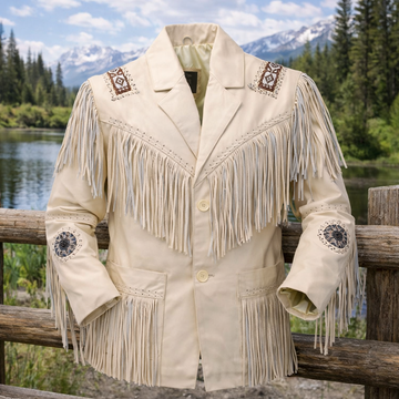 Men Western Cowboy Fringe Jacket Beaded Native American Real Leather Jacket