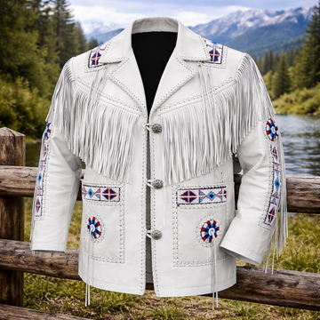 Men Western Cowboy Fringe Jacket Beaded Native American Real Leather Jacket