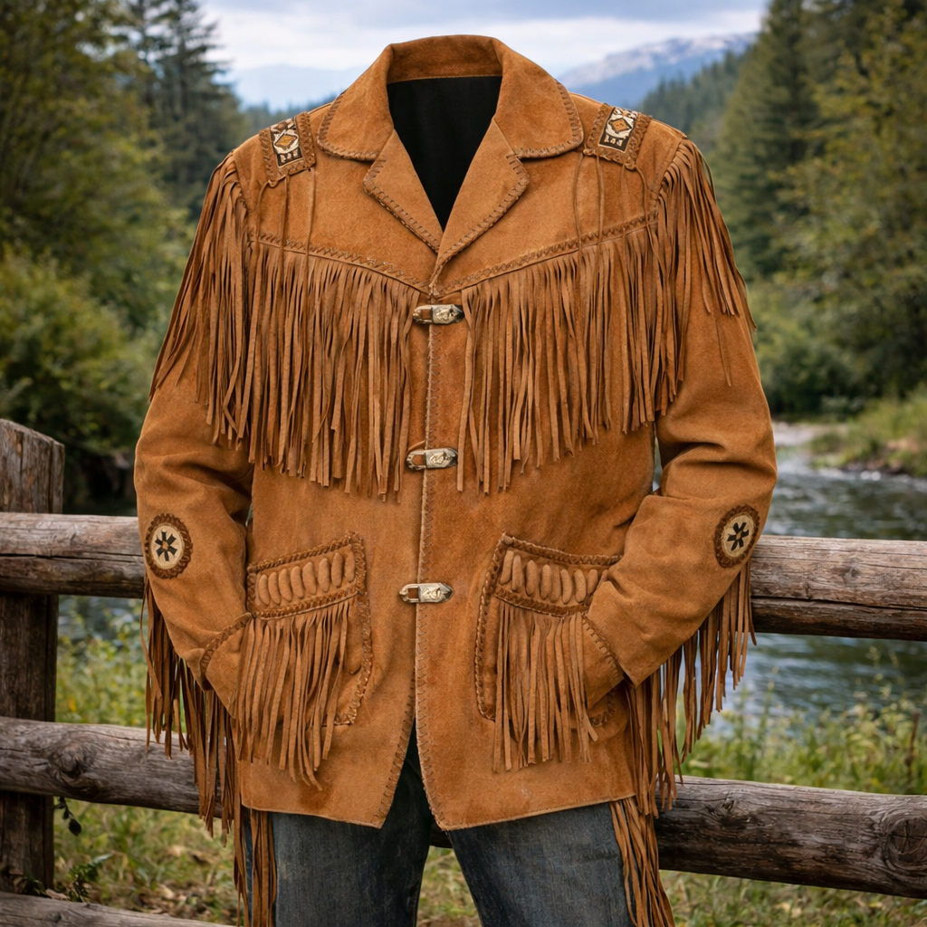 Men Western Cowboy Suede Fringe Jacket Beaded Native American Leather Jacket