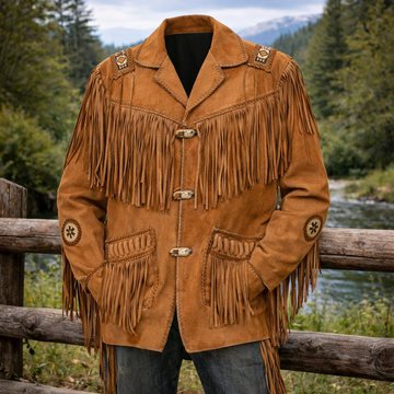 Men Western Cowboy Suede Fringe Jacket Beaded Native American Leather Jacket