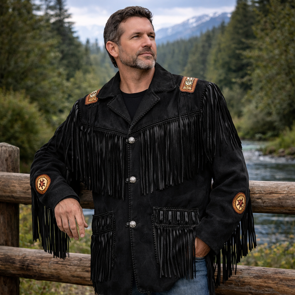 Men Western Cowboy Suede Fringe Jacket Beaded Native American Leather Jacket