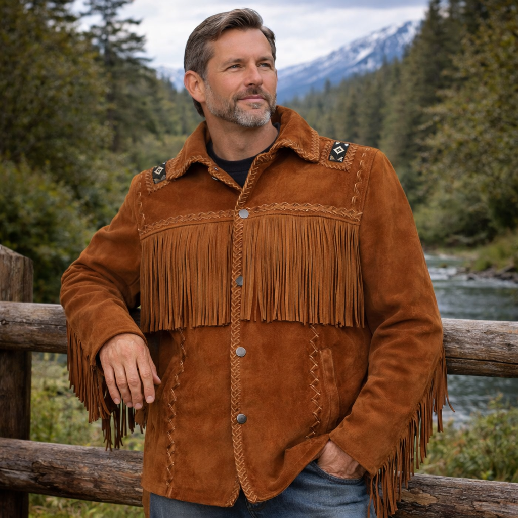 Men Western Cowboy Suede Fringe Jacket Beaded Native American Leather Jacket