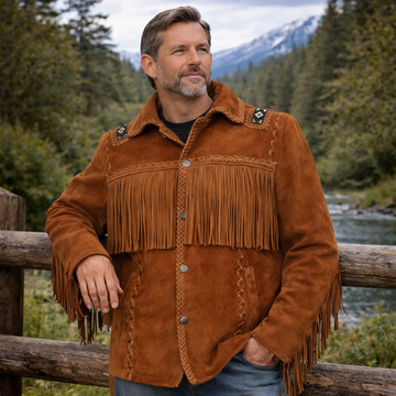 Men Western Cowboy Suede Fringe Jacket Beaded Native American Leather Jacket