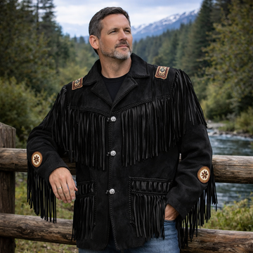 Men Western Cowboy Suede Fringe Jacket Beaded Native American Leather Jacket Opt