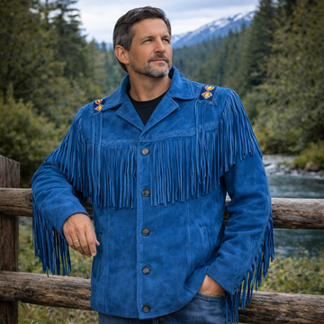 Men Western Cowboy Suede Fringe Jacket Beaded Native American Leather Jacket