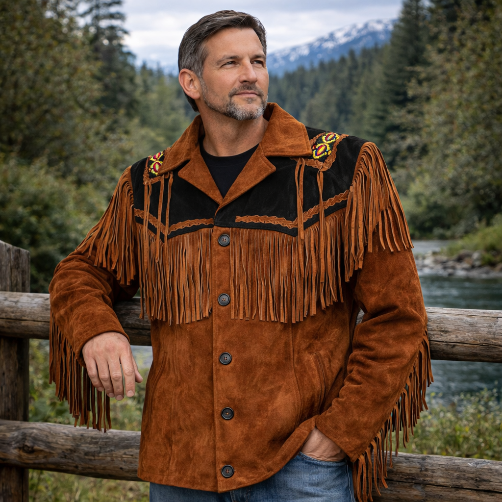 Men Western Cowboy Suede Fringe Jacket Beaded Native American Leather Jacket