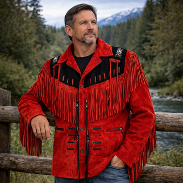Men Western Cowboy Suede Fringe Jacket Beaded Native American Leather Jacket