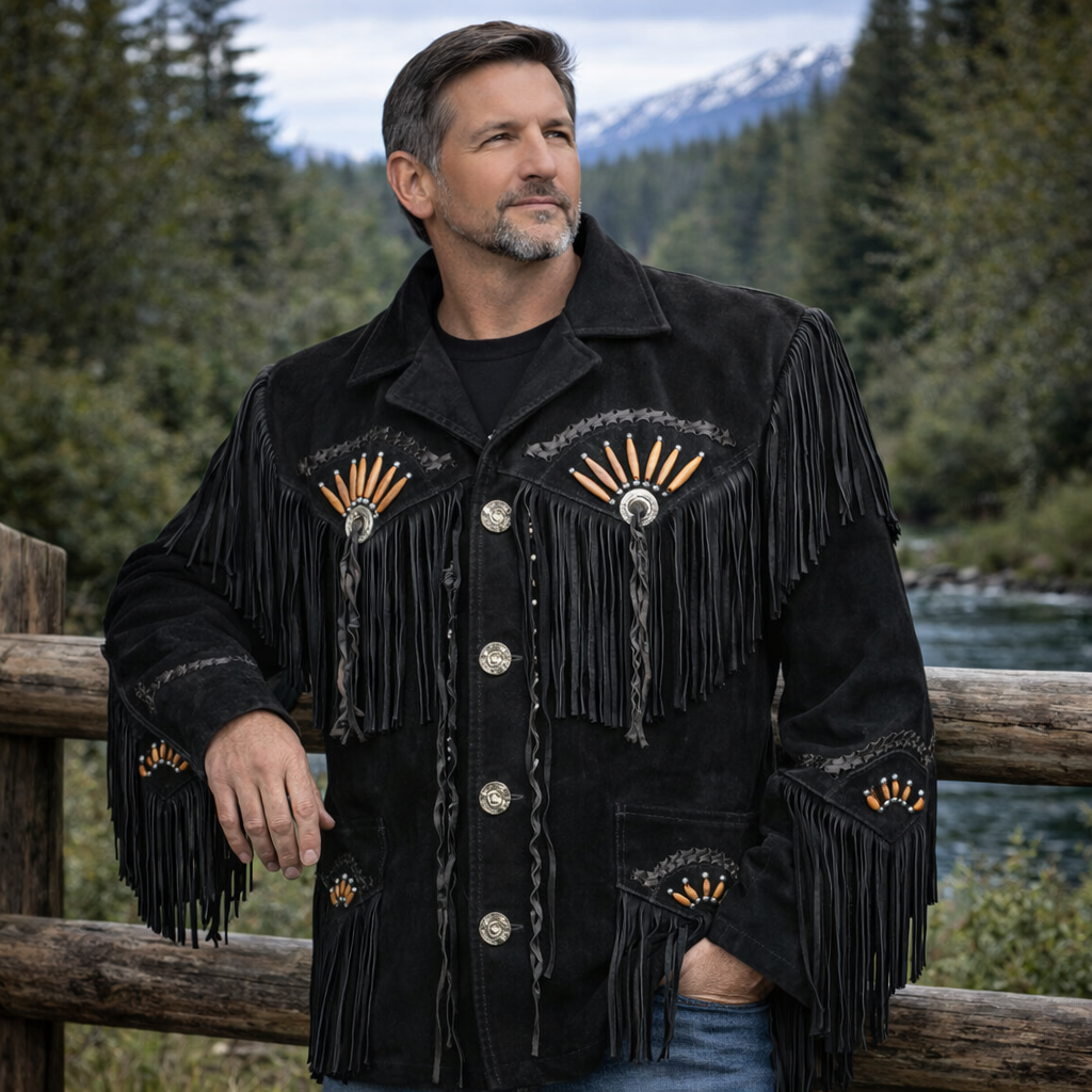 Men Western Cowboy Suede Fringe Jacket Beaded Native American Leather Jacket