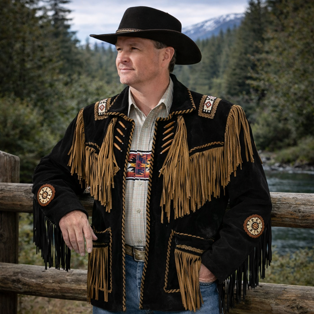 Men Western Cowboy Suede Fringe Jacket Beaded Native American Leather Jacket