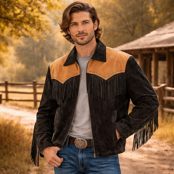 Men Western Cowboy Suede Fringe Jacket Native American Fringe Leather Jacket