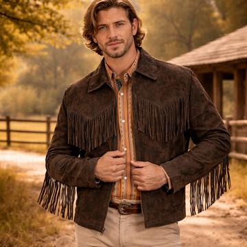 Men Western Cowboy Suede Fringe Jacket Native American Fringe Leather Jacket