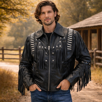 Men Western Cowboy Fringe Jacket Beaded Native American Real Leather Jacket
