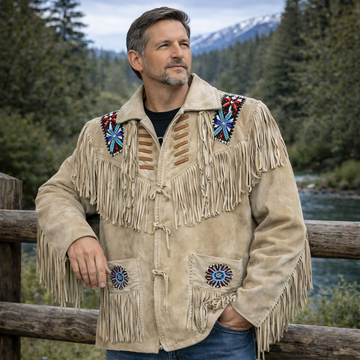 Men Western Cowboy Suede Fringe Jacket Beaded Native American Leather Jacket