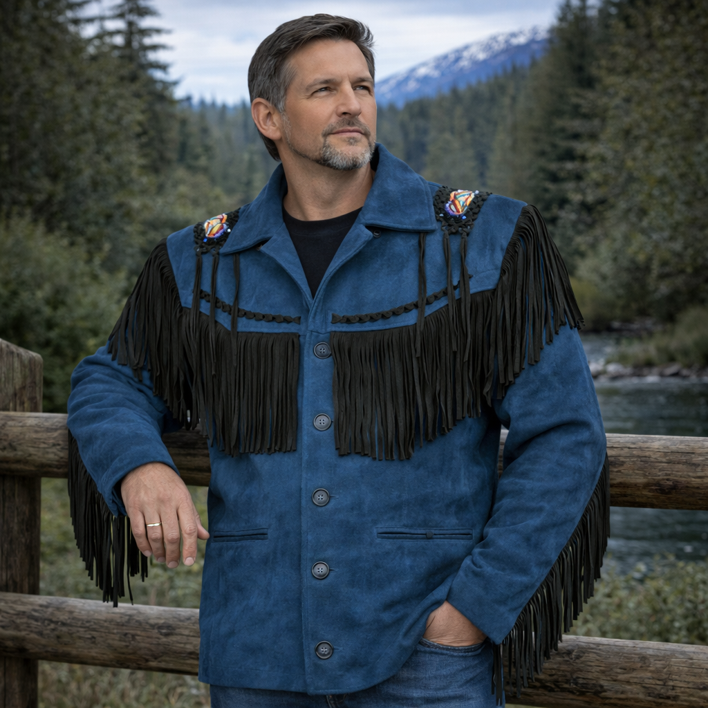 Men Western Cowboy Suede Fringe Jacket Beaded Native American Leather Jacket