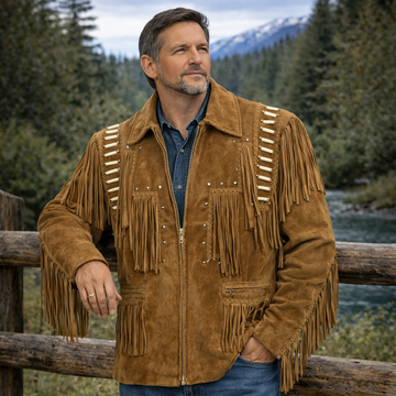 Men Western Cowboy Suede Fringe Jacket Beaded Native American Leather Jacket