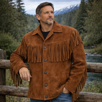 Men Western Cowboy Suede Fringe Jacket Native American Fringe Leather Jacket