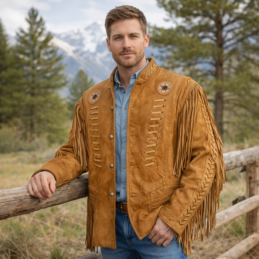 Men Western Cowboy Fringe Jacket Beaded Native American Real Leather Jacket