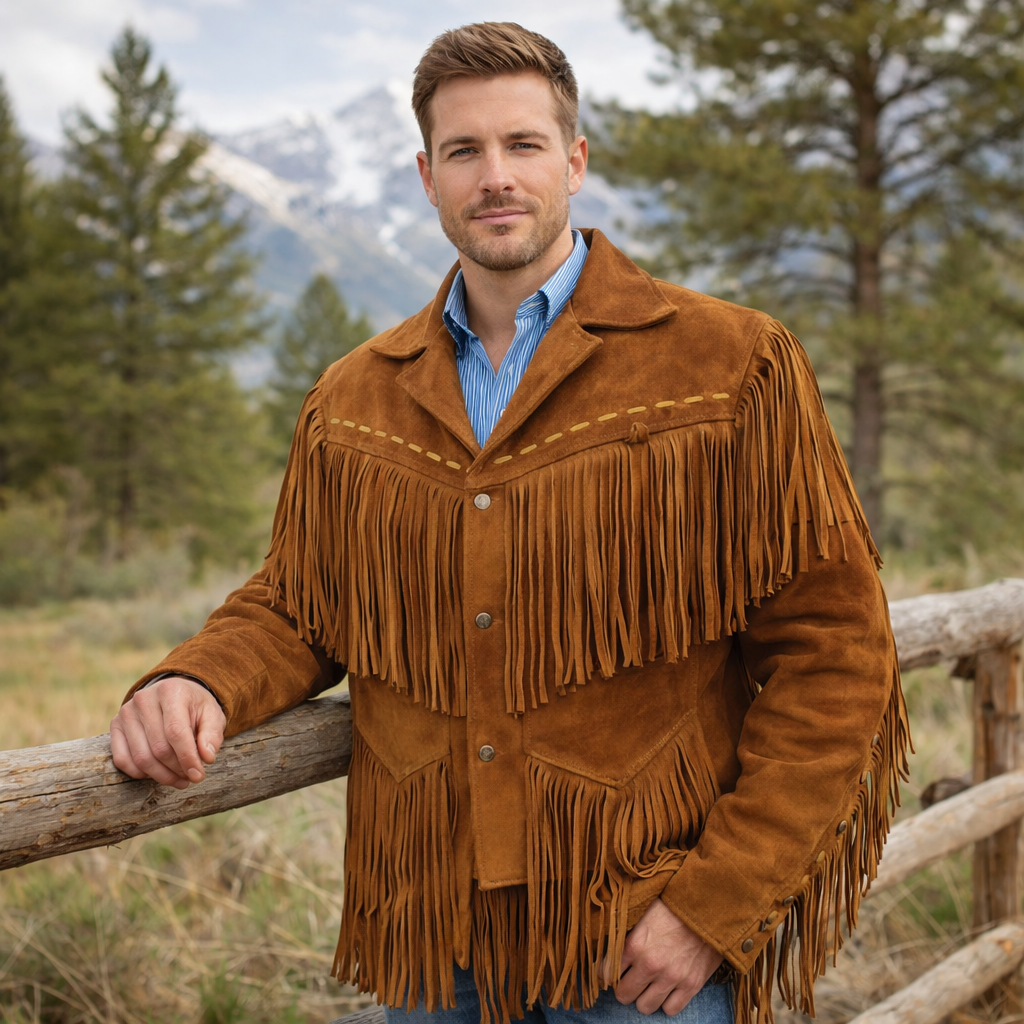 Men Western Cowboy Suede Fringe Jacket Native American Fringe Leather Jacket