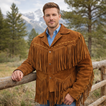 Men Western Cowboy Suede Fringe Jacket Native American Fringe Leather Jacket