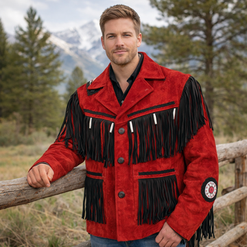 Men Western Cowboy Suede Fringe Jacket Beaded Native American Leather Jacket