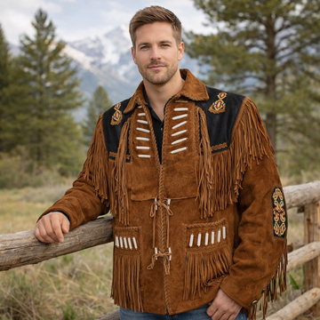 Men Western Cowboy Suede Fringe Jacket Beaded Native American Leather Jacket