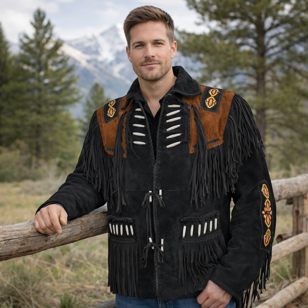 Men Western Cowboy Suede Fringe Jacket Beaded Native American Leather Jacket