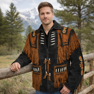Men Western Cowboy Suede Fringe Jacket Beaded Native American Leather Jacket