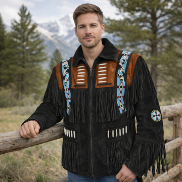 Men Western Cowboy Suede Fringe Jacket Beaded Native American Leather Jacket