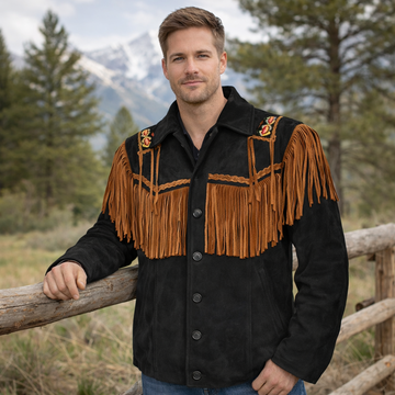 Men Western Cowboy Suede Fringe Jacket Beaded Native American Leather Jacket