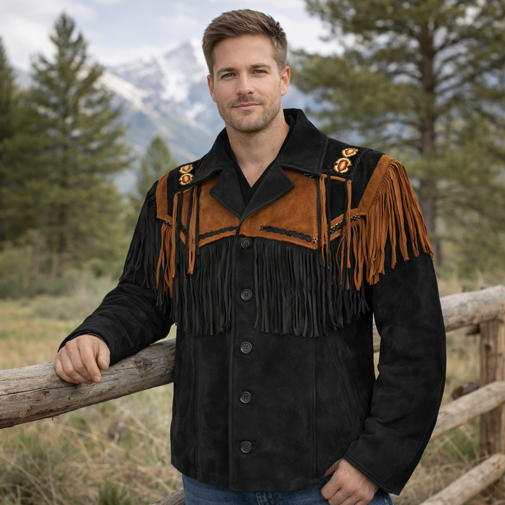 Men Western Cowboy Suede Fringe Jacket Beaded Native American Leather Jacket