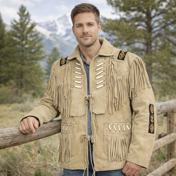 Men Western Cowboy Suede Fringe Jacket Beaded Native American Leather Jacket