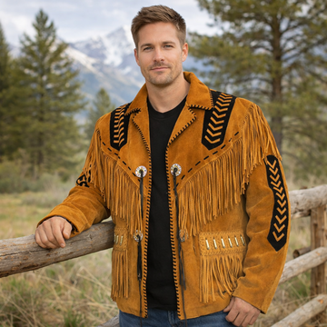 Men Western Cowboy Suede Fringe Jacket Beaded Native American Leather Jacket