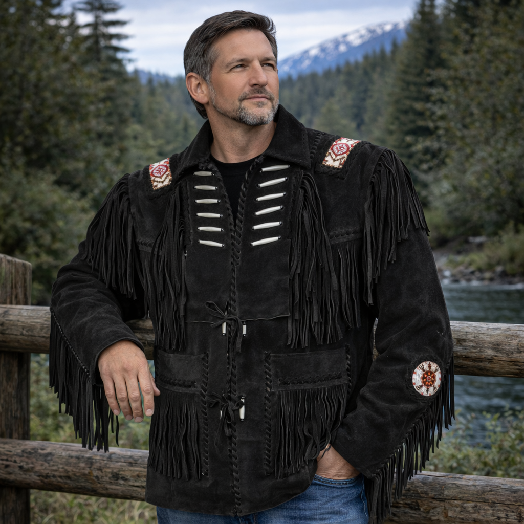 Men Western Cowboy Suede Fringe Jacket Beaded Native American Leather Jacket