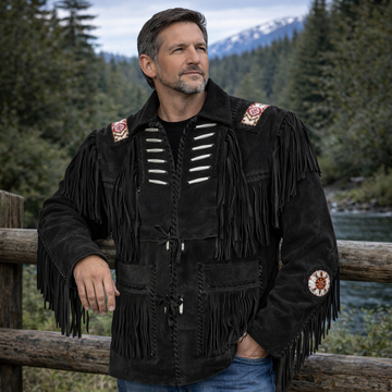 Men Western Cowboy Suede Fringe Jacket Beaded Native American Leather Jacket
