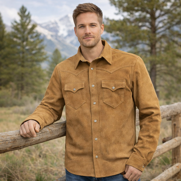 Men Suede Leather Trucker Premium Western Wear Shirt - Suede Leather Shirt