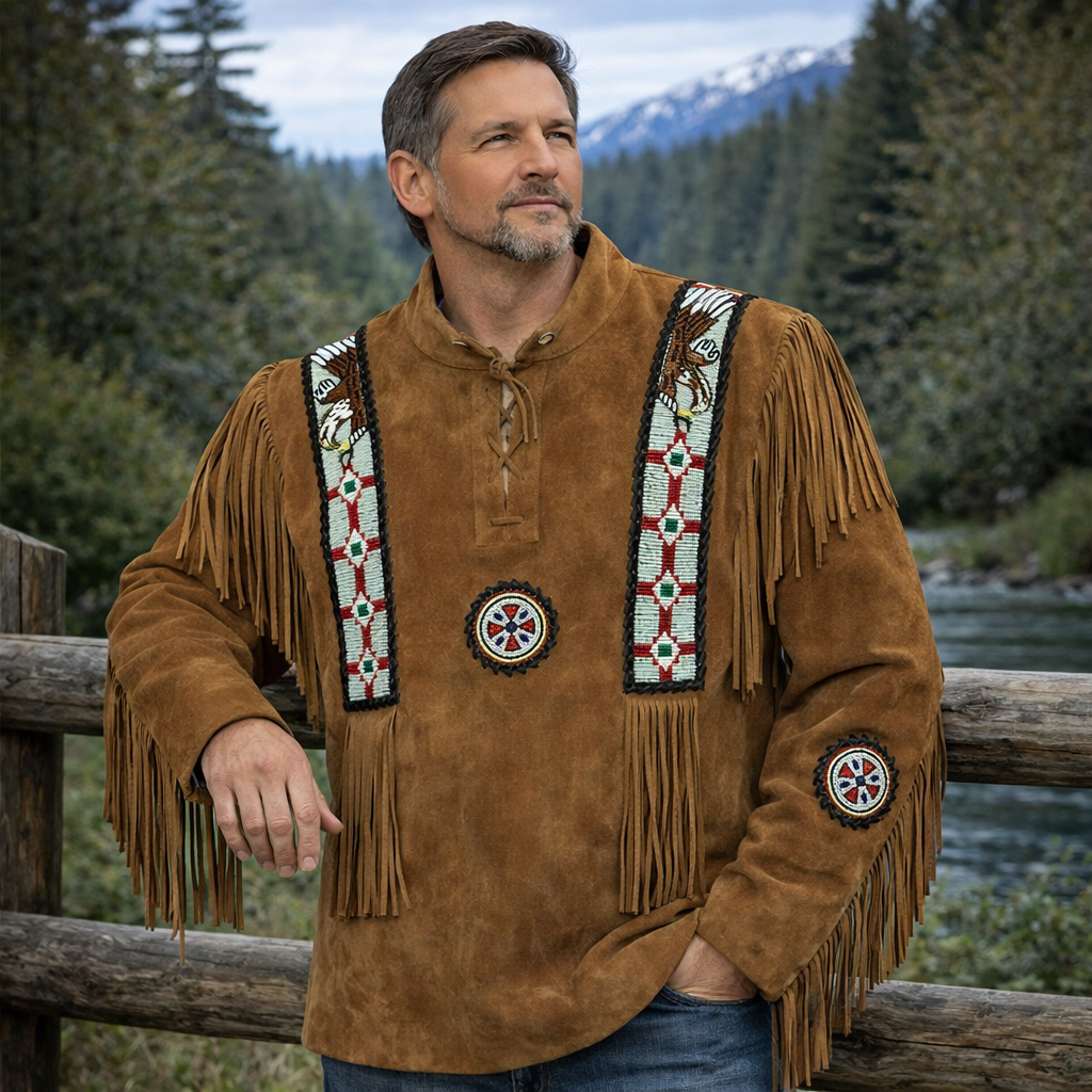 Men Western Cowboy Suede Fringe Shirt Beaded Native American Leather Jacket