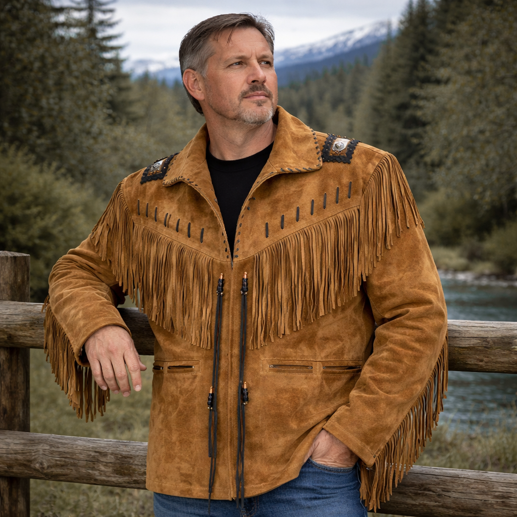 Men Western Cowboy Suede Fringe Jacket Beaded Native American Leather Jacket