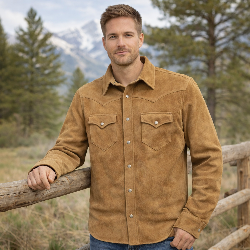 Men Suede Leather Trucker Premium Western Wear Shirt - Suede Leather Shirt