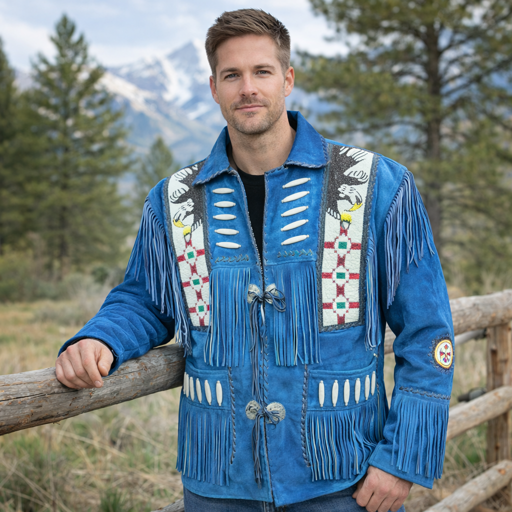Men Western Cowboy Suede Fringe Jacket Beaded Native American Leather Jacket