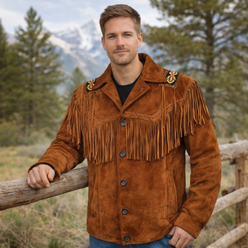 Men Western Cowboy Suede Fringe Jacket Beaded Native American Leather Jacket