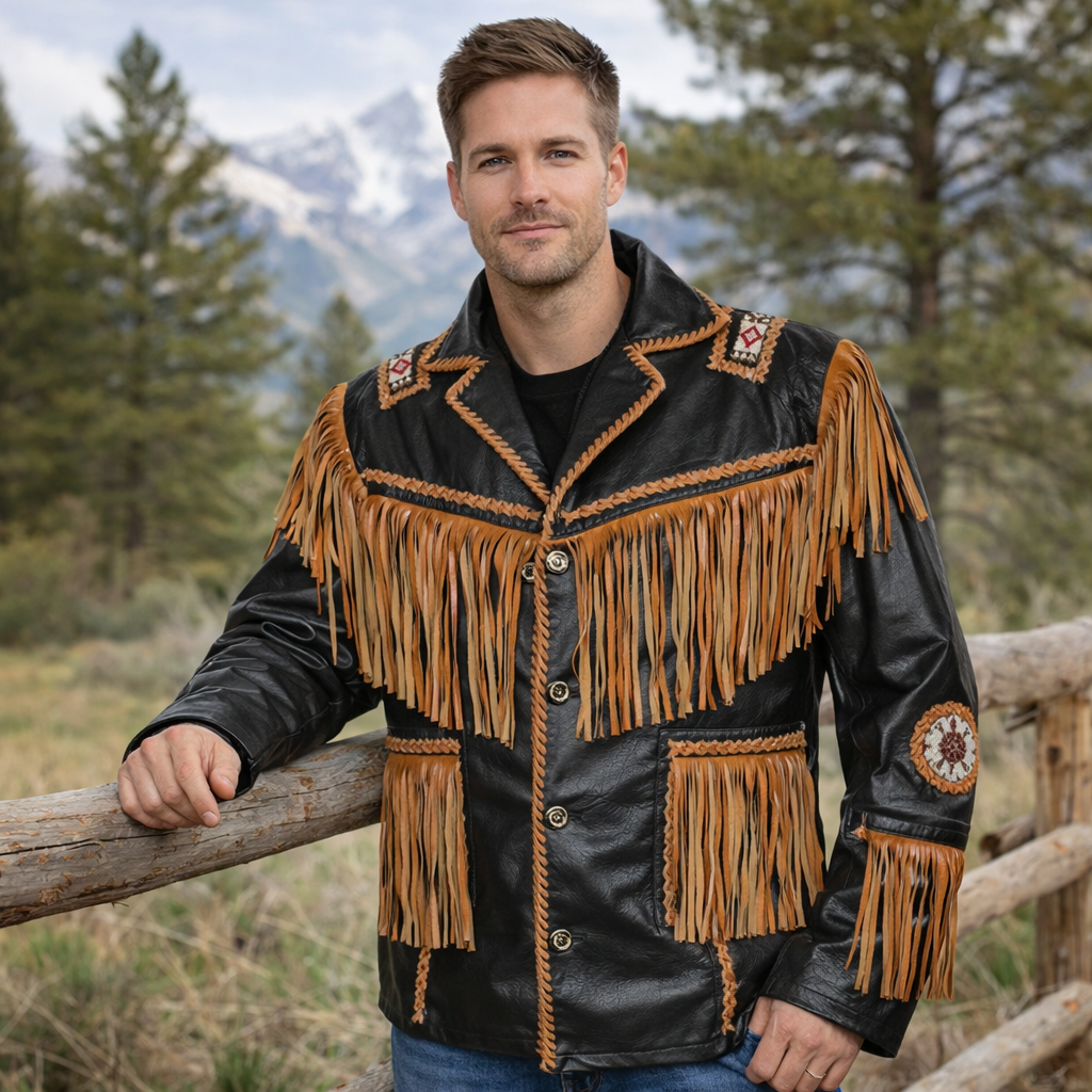 Men Western Cowboy Fringe Jacket Beaded Native American Real Leather Jacket