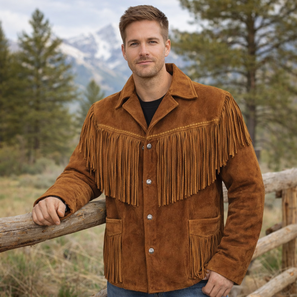 Men Western Cowboy Suede Fringe Jacket Native American Fringe Leather Jacket